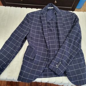 Zara Men's Dark Blue Windowpane Blazer